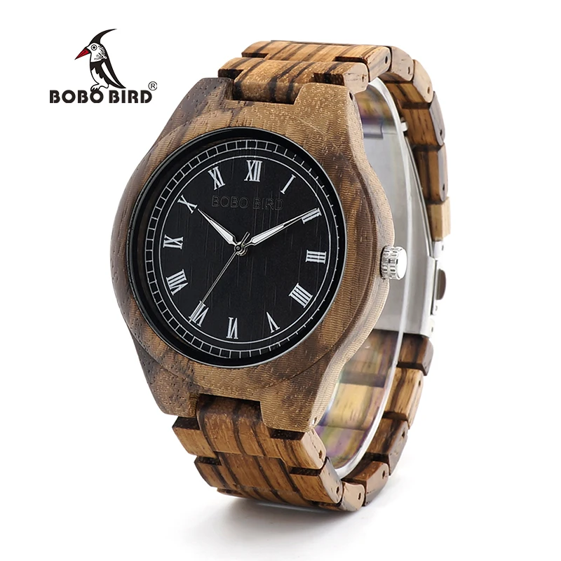 

BOBO BIRD WO18O19 Wood Watch Ebony Zebra Wooden Watches for Men White Roman Number Quartz Watch with Tool for Adjusting Size