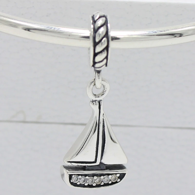 

ROCKART Standard 925 Sterling Silver Sailboat Dangle Charm with Clear CZ Fits Original Bracelets & Bangles Diy Fashion Jewelry
