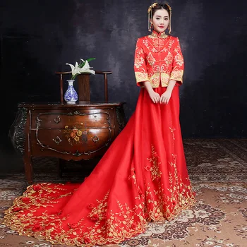 

Oversize XS-3XL Royal Women Embroidery Style Formal Qipao Bride Trailing Dress Red Vintage Chinese Wedding Cheongsam Suit