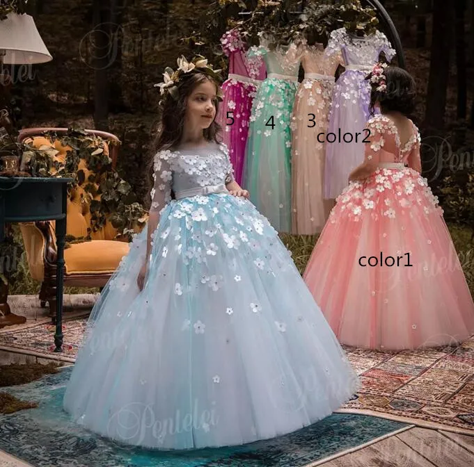 

2018 Penlelei Kids First Communion Dresses for Little Girls 3D Flowers Beading Long Cute Flower Girl Dress for Wedding