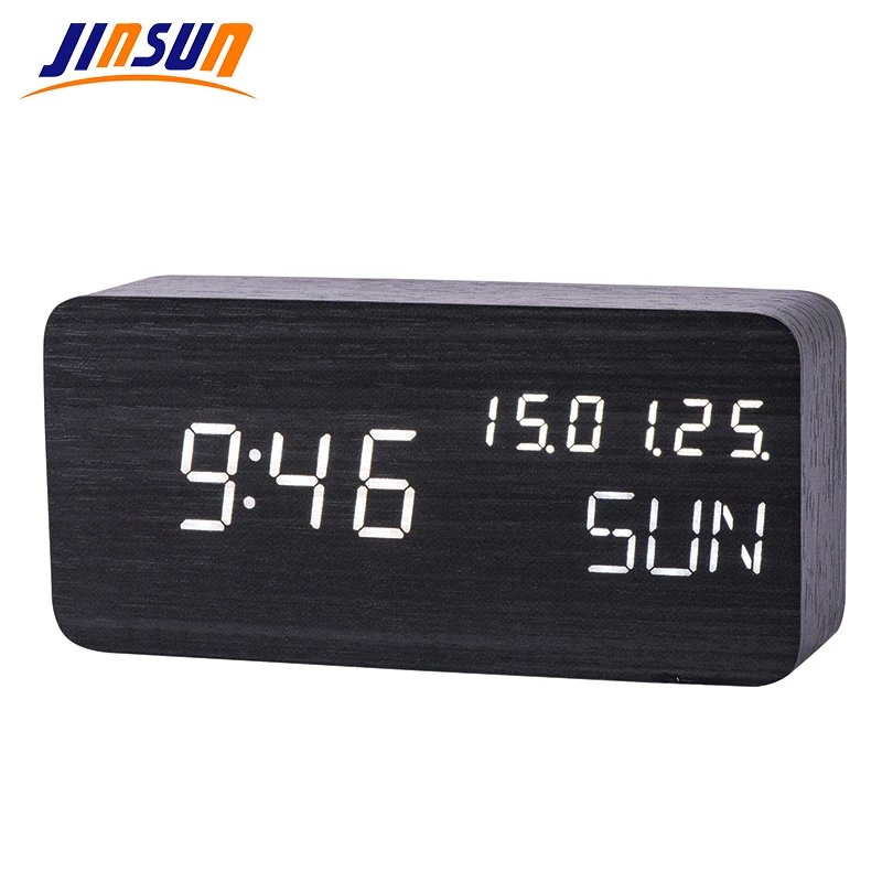 JINSUN Digital Table Clock Sound Control font b Electronic b font Clock Luminous Wooden Calendar Thermometer