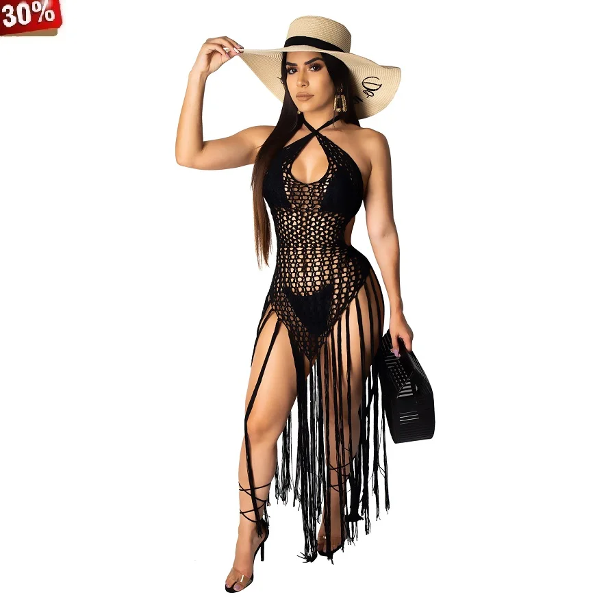 

Beach Dresses Tassel Women 2019 Halter Backless See Through Dress Midi Dress Hollow Out Sleeveless Backless Bandage Vestidos NEW
