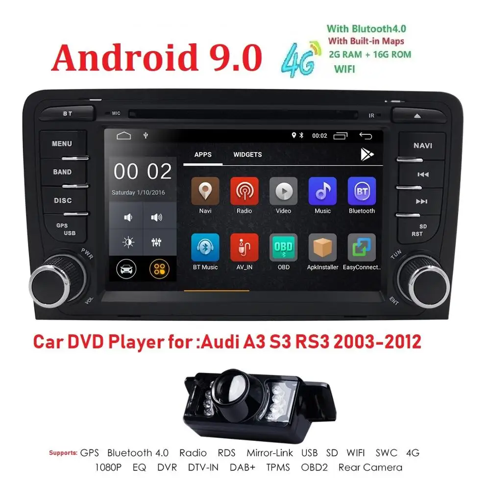 

7" Android 9.0 4G WIFI 2GRAM+16GROM Radio Stereo DVD Player GPS Sat Navi Bluetooth USB For Audi A3 S3 (2002-2012)TPMS DVR DAB BT
