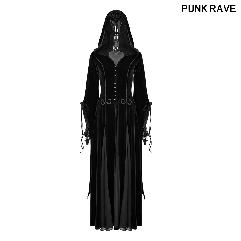 

Gothic dark goddess embroidery wide sleeve women long black high quality velvet coats PUNK RAVE Y-797