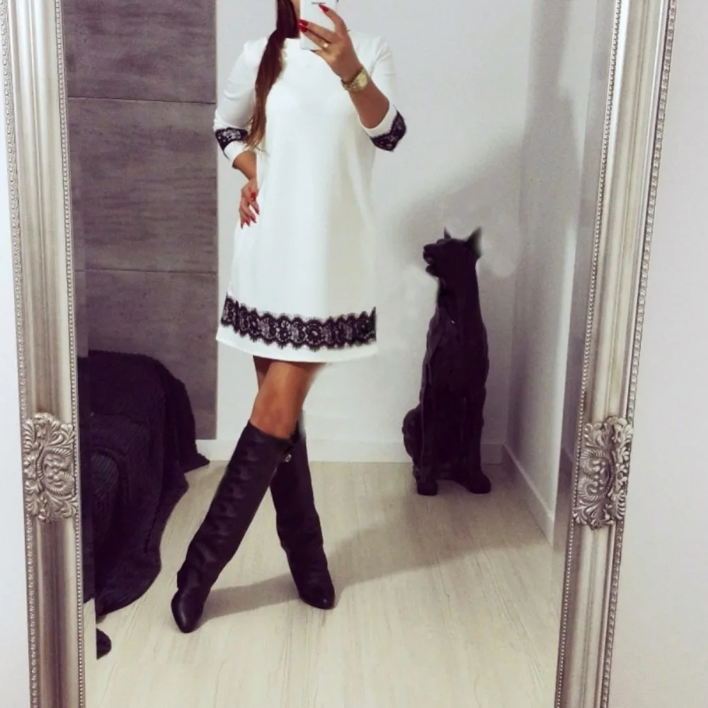 

Women's Sexy Lace Patchwork Packeted Hip Spring and Summer O Neck Dress New