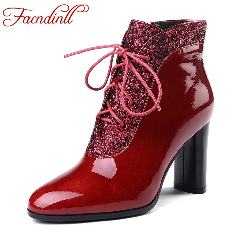 

FACNDINLL women boots new 2018 autumn winter woman genuine leather ankle boots sexy high heel round toe dress party riding boots
