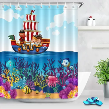 

LB Pirate Ship & Underwater World Shower Curtain Cartoon Anime Kids Funny Bathroom Waterproof Polyester Fabric For Bathtub Decor