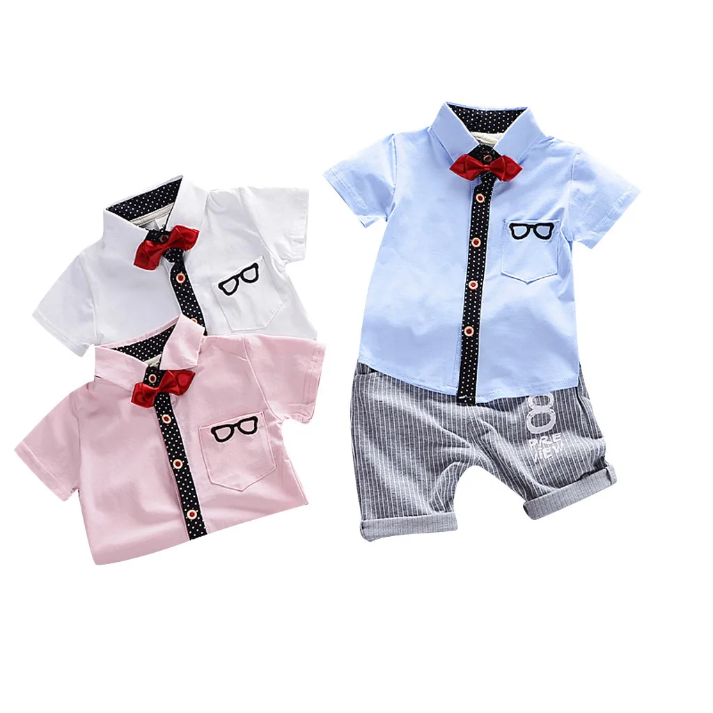 

Infant Boys Clothes Baby Sets Summer 2019 Short Sleeve Bowtie Sunglass Print T-shirt Tops+Pants Outfits ensemble garcon