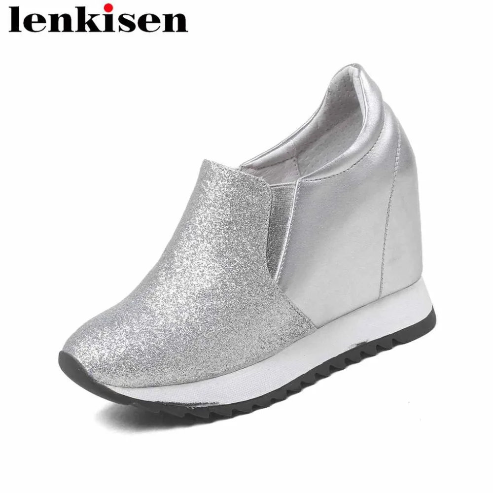 Lenkisen classic bling cow leather round toe slip on super high wedge bottom high fashion concise vulcanized platform shoes L72