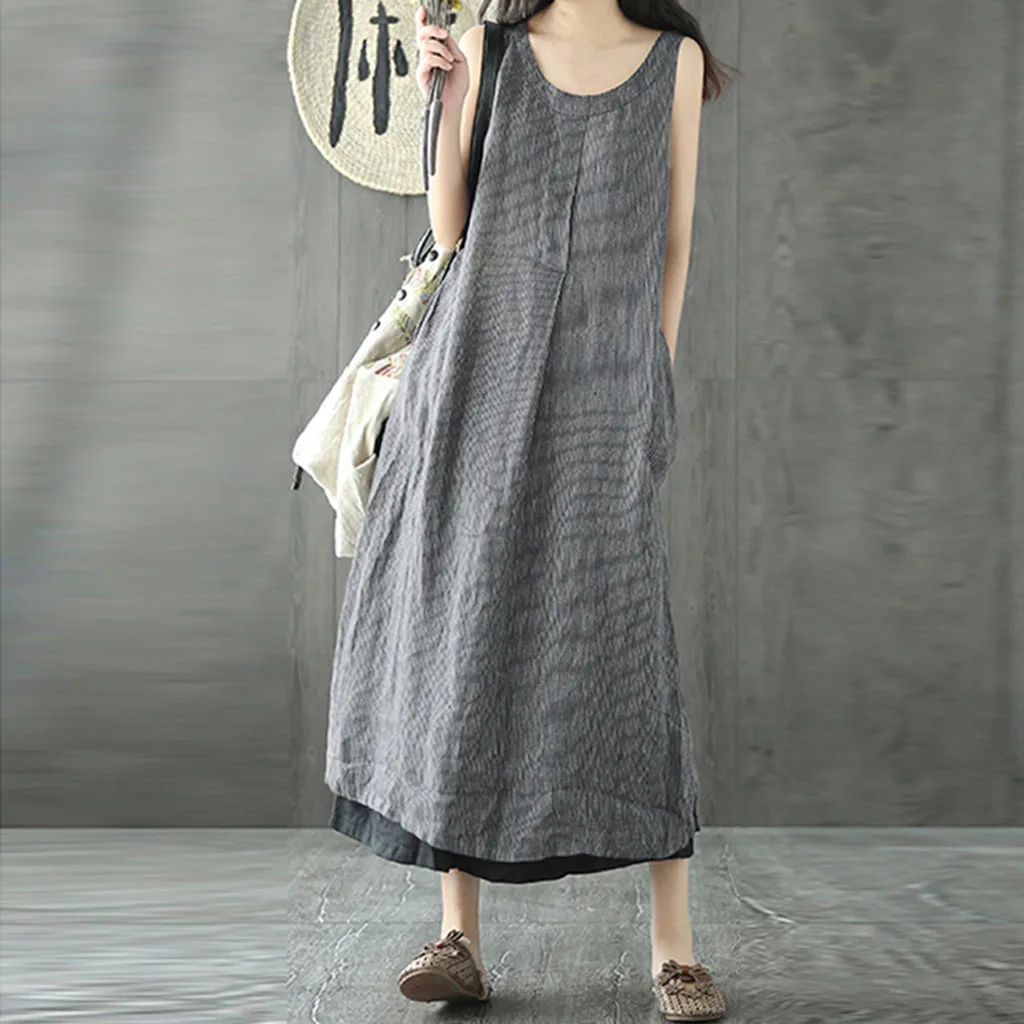 

ISHOWTIENDA Women's large size Dresses Striped Loose Splicing Sleeveless Plus Size Casual Dresses vestidos de fiesta de noche#G3