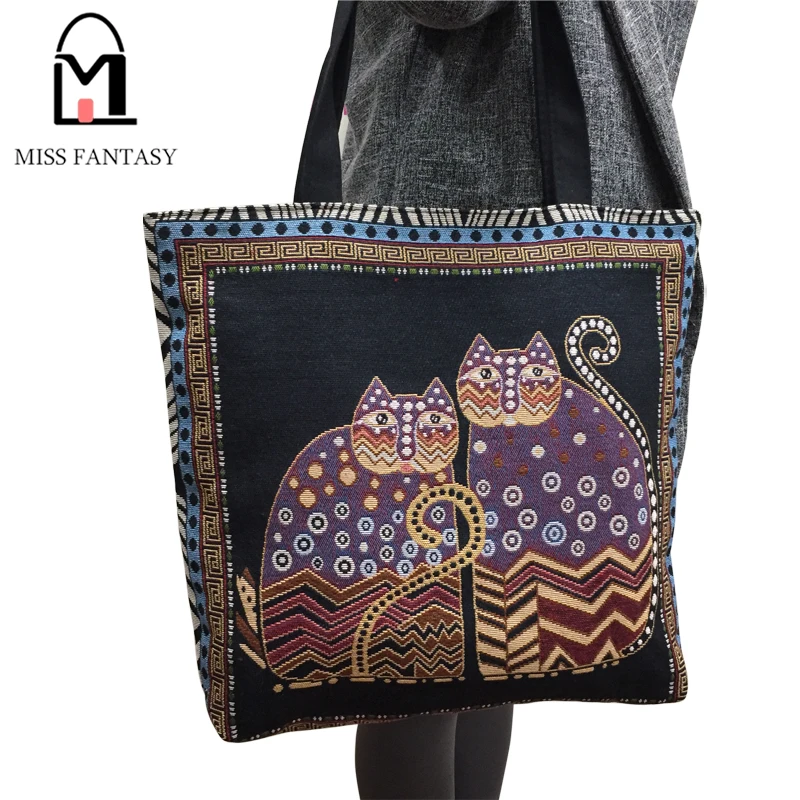 Women Bag Canvas Handbag Fashion Vintage Tote Bag Lady's Lovely Cat Print Shopping Bag Holiday Travel Single Shoulder Bag 2017