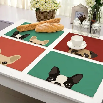

1Pcs Dog Cat Pattern Placemat Dining Table Mat Drink Coasters Western Pad Cotton Linen Cup Mat 42*32cm Kitchen Accessory MA0001