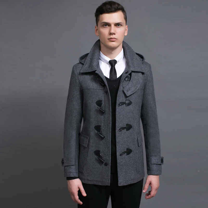 Luxury Brand Male Woolen Overcoat Fashion Detachable Cap Horn Button