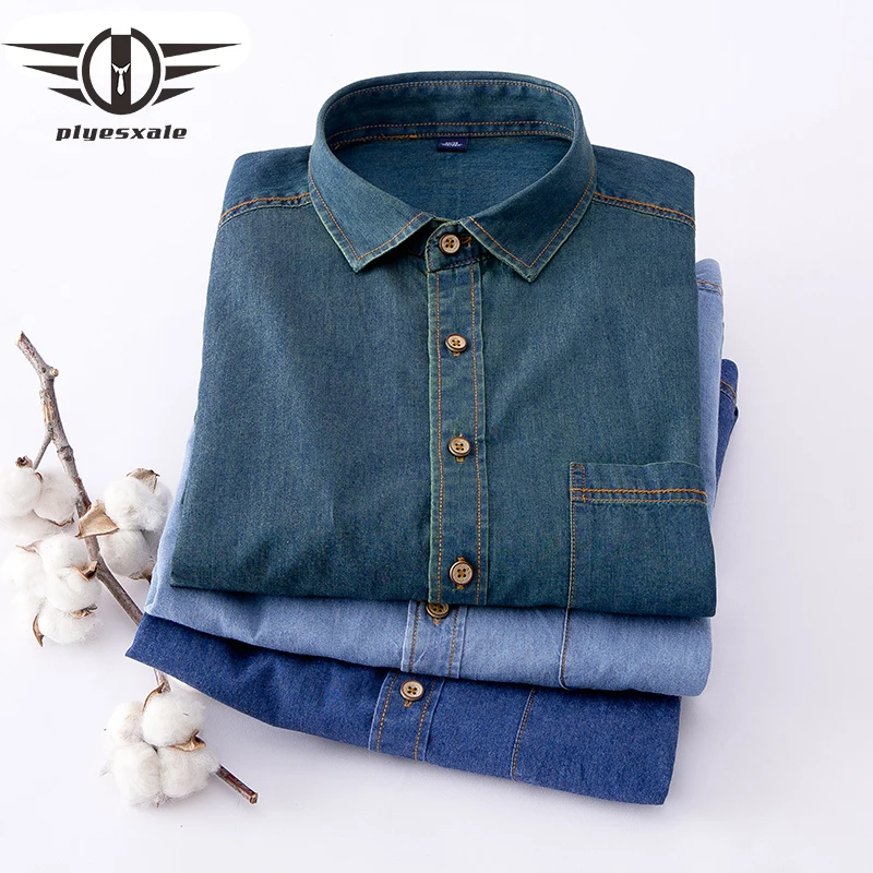 

Plyesxale Men Denim Shirt Slim Long Sleeved Cotton Casual Shirt Classic Mens Dress Jeans Shirts Spring Autumn Chemise Homme T4