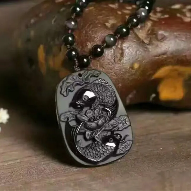 Jin Jewellery природных матирования черный обсидиан кулон тонкой работы cyprinus КАРПИО
