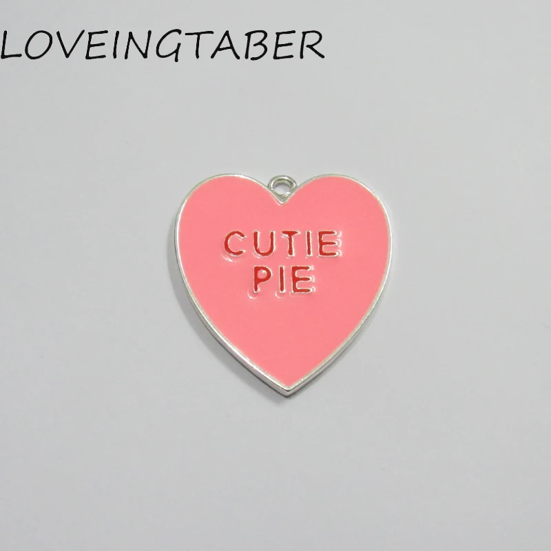 

Newest! 39mm*36mm 10pcs/lot All Pink Enamel Hear With 'CUTIE PIE' Pendants For Valentine's Day Kids Necklace