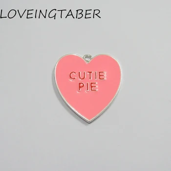

Newest! 39mm*36mm 10pcs/lot All Pink Enamel Hear With 'CUTIE PIE' Pendants For Valentine's Day Kids Necklace