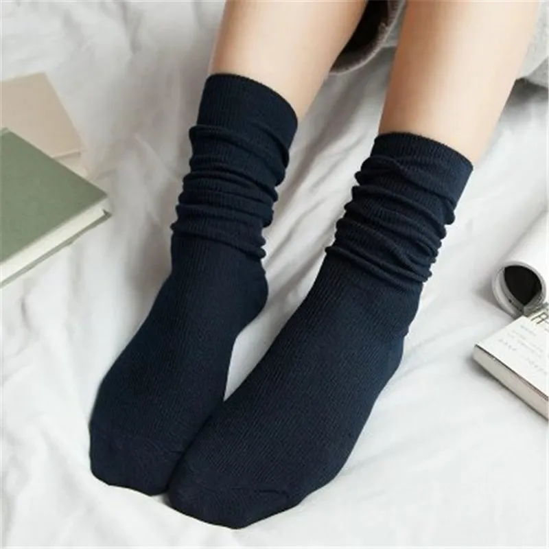 AMOZAE высокие носки для девочек в японском стиле свободные однотонные длинные хлопковые носки с двойными спицами женские носки Sox Meias - Цвет: Blue