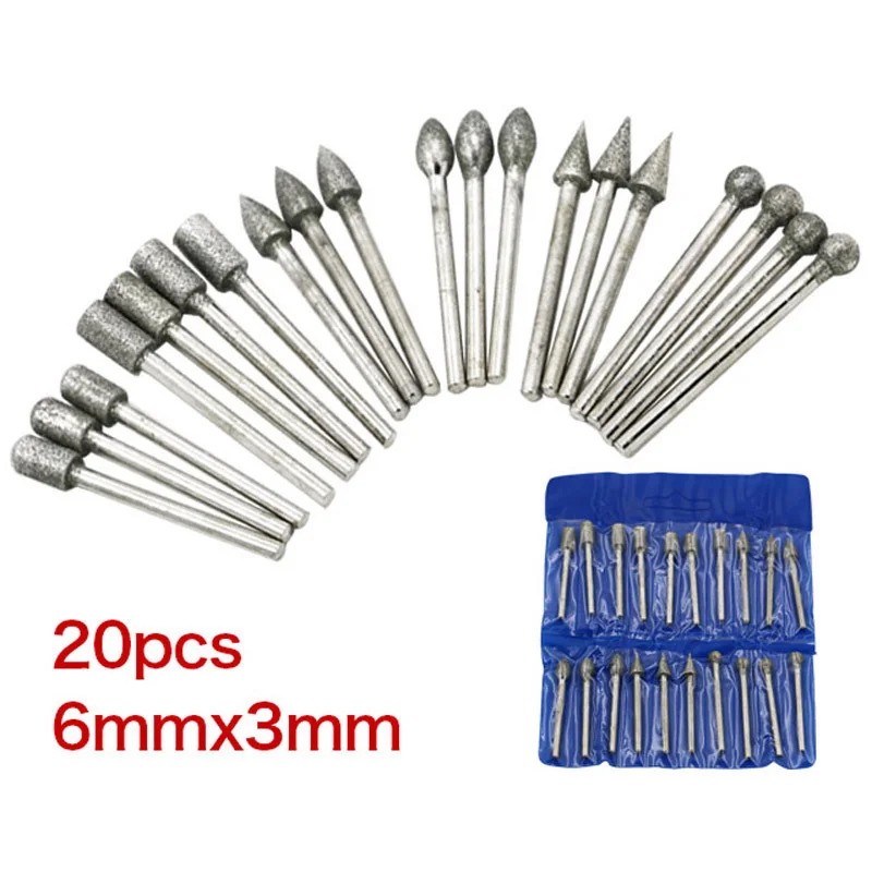 20 Pcs 3mm Shank Dremel Diamond Burr Grinding Bits Coated Cylinder Head