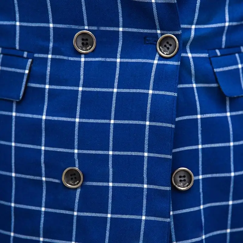 Slim casual plaid double-breasted suit Fashion Custom Men suits jacket + pants slim blue grid men's Blazers groom wedding dress