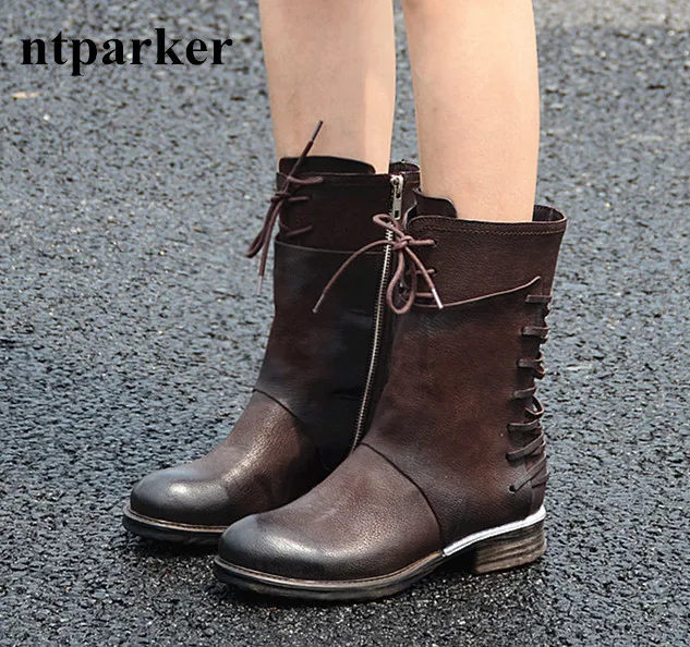 Vintage Fashion Women Winter Boots Genuine Leather Flats Botas Mujer Side Zip Chaussure Femmes Gladiator Zapatillas Shoes Woman