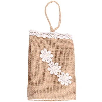 

Pack Of 6 Vintage Lace Flower Jute Linen Chocolate Candy Bags Burlap Gift Baskets With Handle Wedding Favors,8 x 5 x 12 Cm