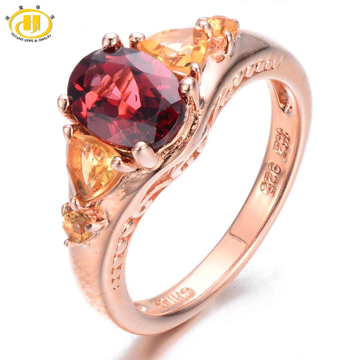 

HUTANG 2.14ct Natural Garnet & Citrine Solid 925 Sterling Silver Ring Oval Gemstone Fine Jewelry Women's New Arrival Rings Gift