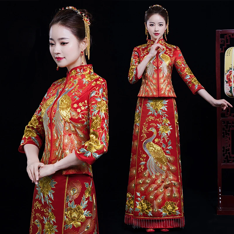 

Red Embroidered peacock peony Cheongsam wedding dress Chinese Women Vestido Oriental elegant long Qi Pao Noble Party Show