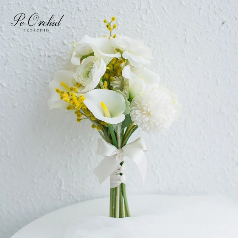 PEORCHID искусственный белый желтый Калла Лили свадебные цветы букеты невесты пляжные Стиль Букеты свадебные белый фиолетовый розовый