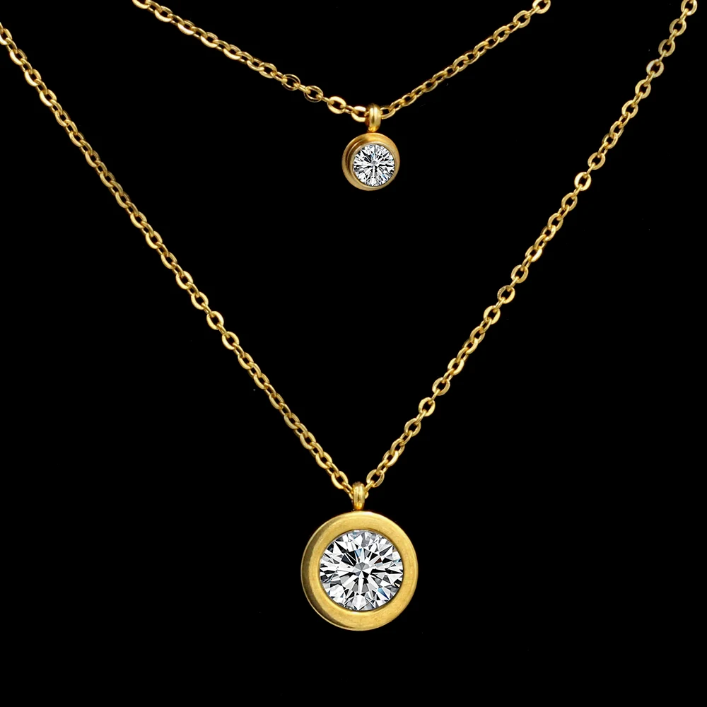 Роскошные стальные круглые двойные круглые подвески из кубического циркония ААА, ожерелье из нержавеющей стали с золотыми/серебряными цепочками, свадебные ювелирные изделия