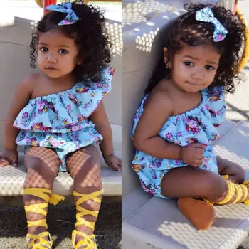 

US Seller Newborn Baby Girls Floral one shoulder ruffles Romper Sunsuit Outfits Set