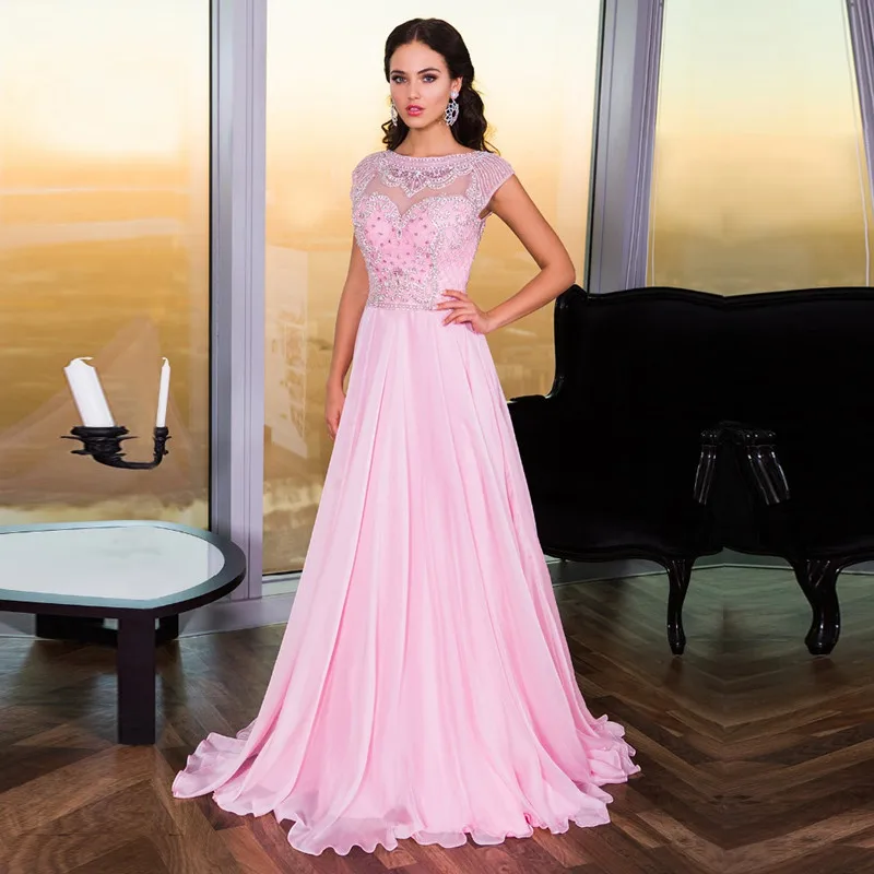 Graceful lady pink high neck cap sleeve chiffon beaded light pink prom