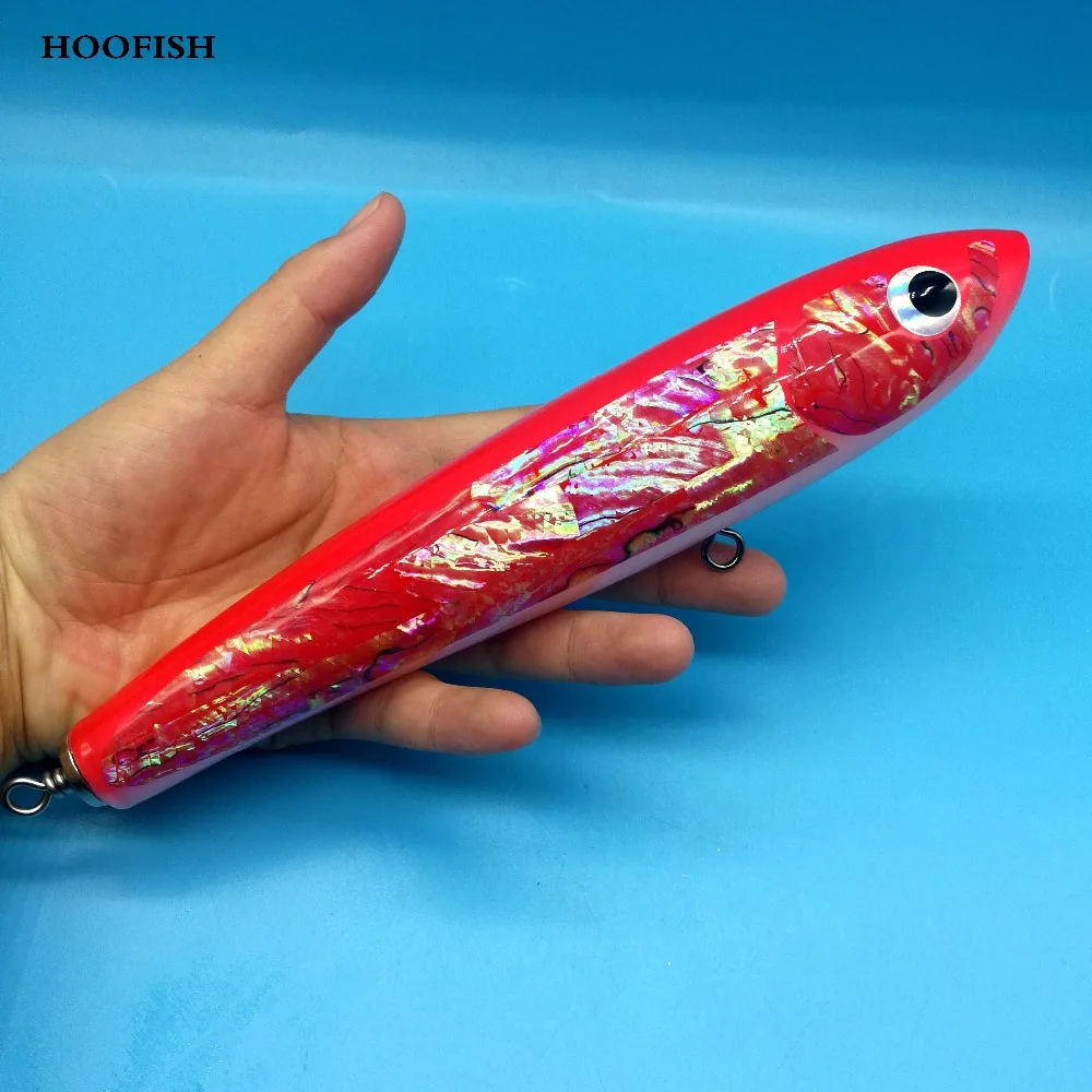 

HOOFISH 1PCS Deep Sea Handmade Fishing Lure 120g/22cm Topwater Wooden Stick bait GT Surface Trolling Lures