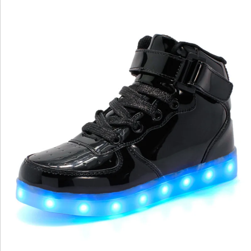 Mirror Patent Leather Led luminous hook&loop Shoes For Boys girls Fashion Light Up Casual kids Breathable Children Sneakers - Цвет: Black