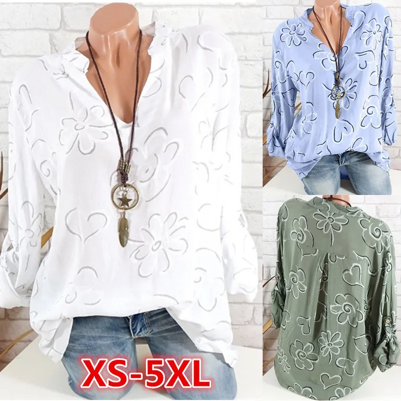 

2019 Women's Shirt Printed V-neck Shirt Casual Loose Shirt