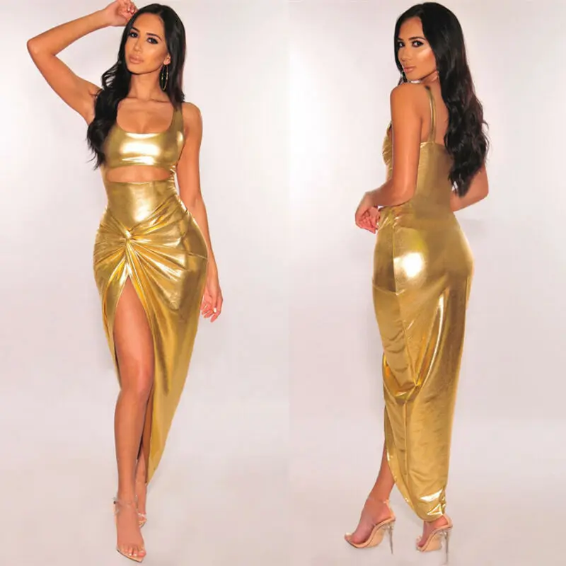 

Women Sexy Gold Bodycon Dress Summer Strappy Hollow Out Bandage Dresses Lady High Split Sexy Club Ruched Slim Dress