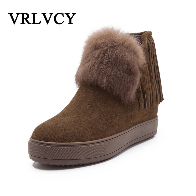 

winter leather inner high boots shorts fringed boots thick bottom rabbit fur snow boots female short tube plus velvet