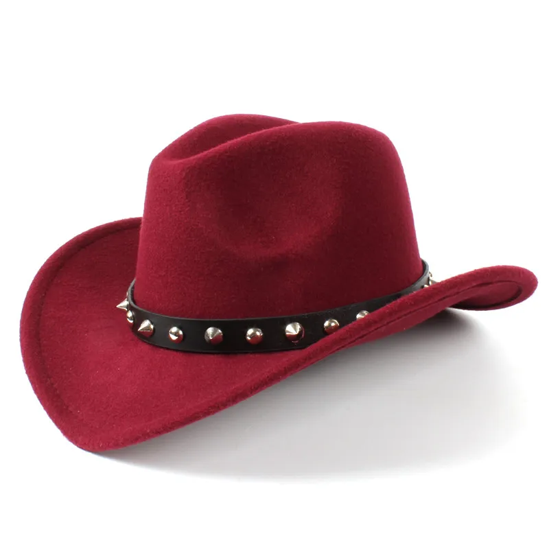 Шерсть Для женщин Для мужчин западный ковбойская шляпа для зима-осень джентльмен леди Джаз пастушка с заклепками в стиле панк Клош церкви сомбреро Кепки - Цвет: Wine red