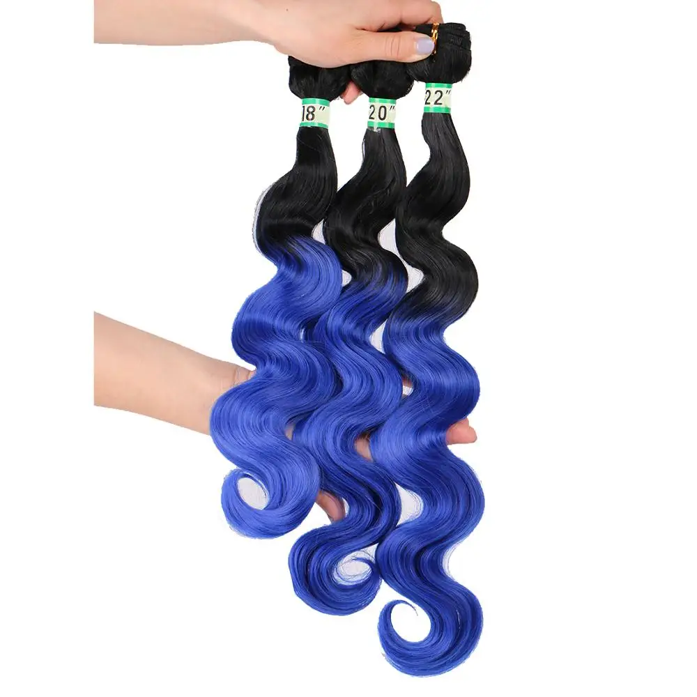 Black to blue Ombre color cosplay weave synthetic Hair Extensions 100gram one piece Body wave bundles