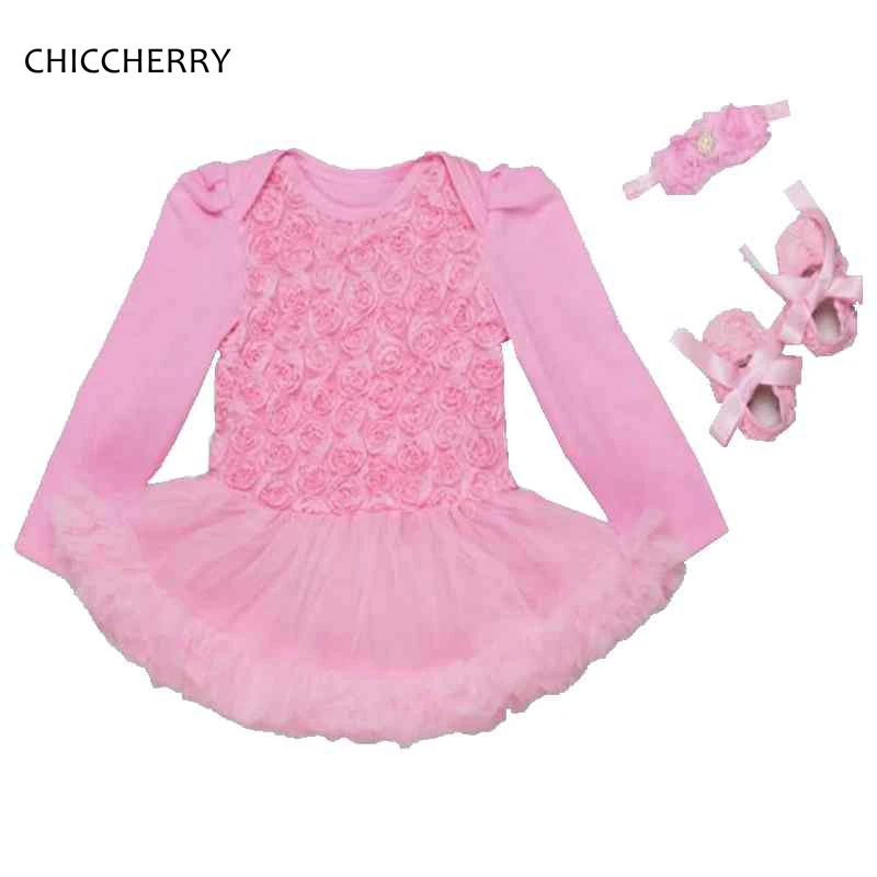 Pink 3pcs Infant Girl Clothes Rose Lace Romper Dress Wedding Baby Dress Set Headband & Shoes