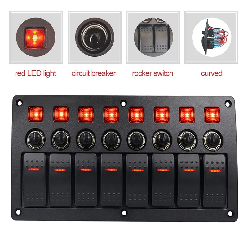 

Waterproof 8 Gang Marine Boat Rocker Switch Panel with Circuit Breaker Overload Protection and LED Rocker Indicator 12V 24V
