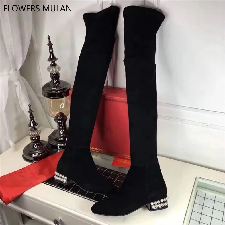 

2018 New Arrival Handmade Black Suede Leather Long Over Knee Boots Women Round Toe Side Zip White Pearl Chunky Heel Winter Shoes