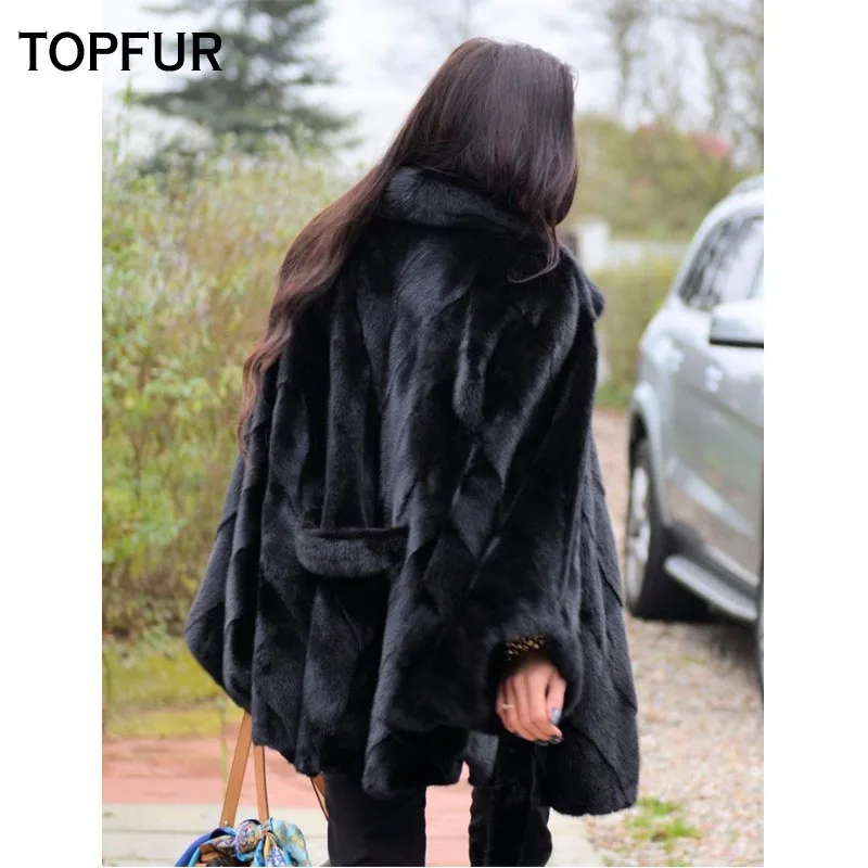 Женская шуба из натурального меха норки TOPFUR черная 75 см с отворотом и поясом