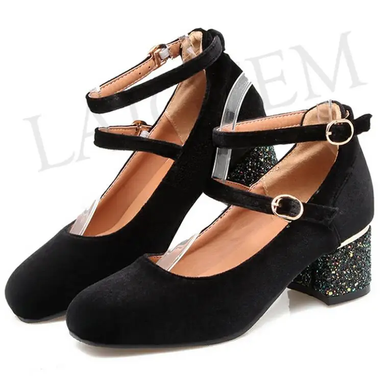 LAIGZEM/Изящные женские туфли-лодочки Мэри Джейн на массивном каблуке, расшитые блестками вечерние туфли из искусственного бархата Женская обувь, большие и маленькие размеры 33-46 - Цвет: LGZ143 Black