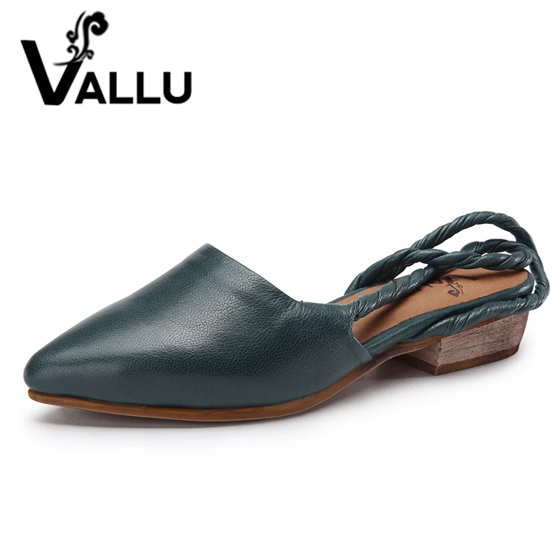 

2019 VALLU Leather Shoes Women Sandals Pointed Toes Square Low Heels Back Strap Slingback Sandals