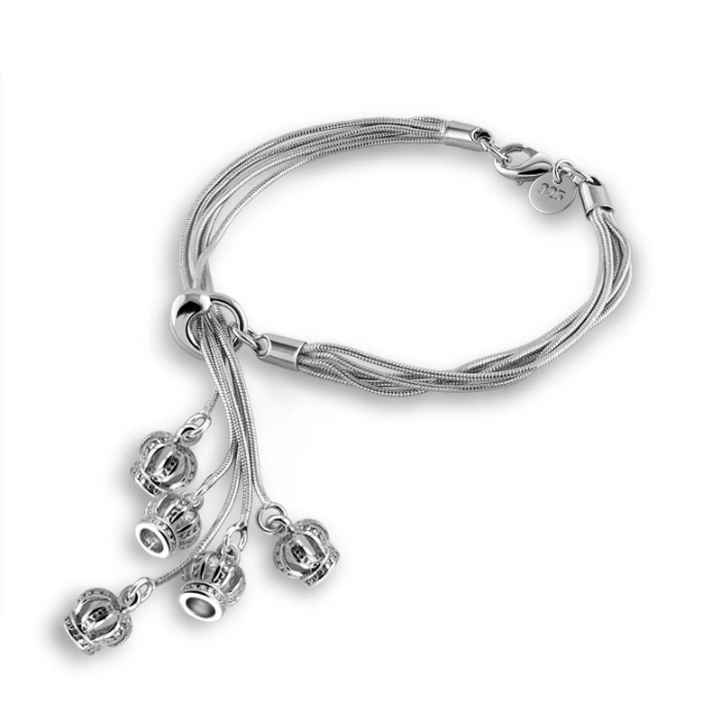 Модные womensilver Многослойных Кисточкой Браслет стерлингового серебра 925 Корона Подвеска браслет твердых серебряные украшения леди подарок