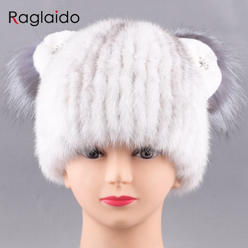Raglaido/Зимние шапки для женщин, натуральный норковый мех, шапка, модные шапки с бриллиантами, LQ11215