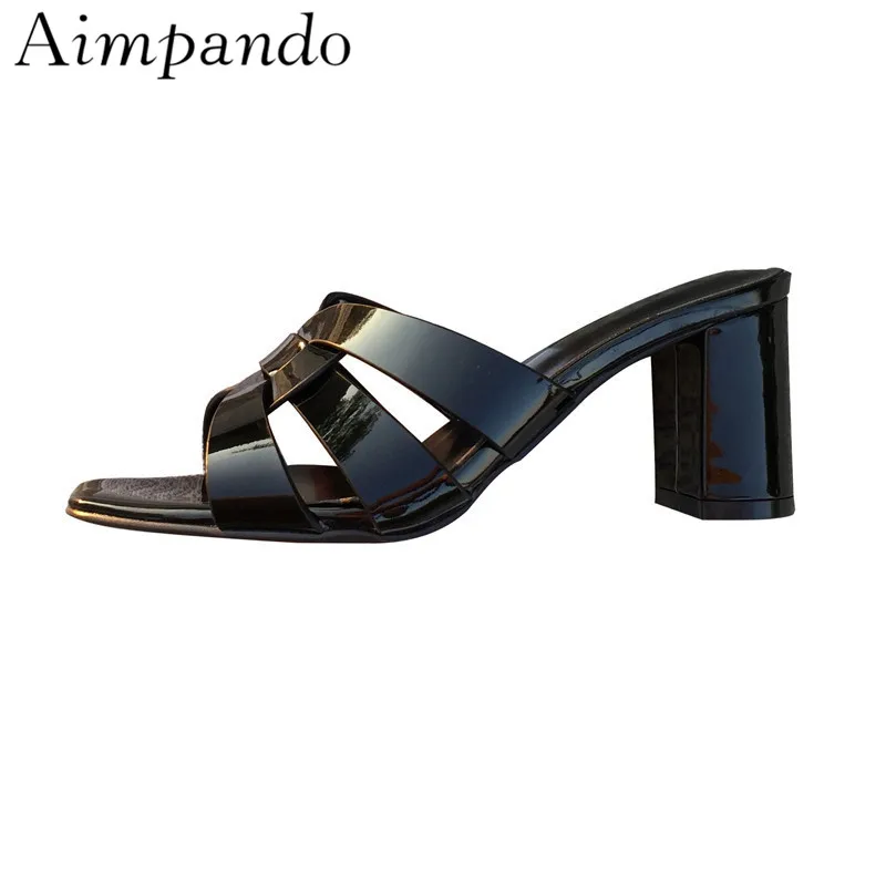 

Concise Braided Patent Leather Summer Slippers Women Candy Color Thick Heel Open Toe Beach Slides Fashion Women Shoes
