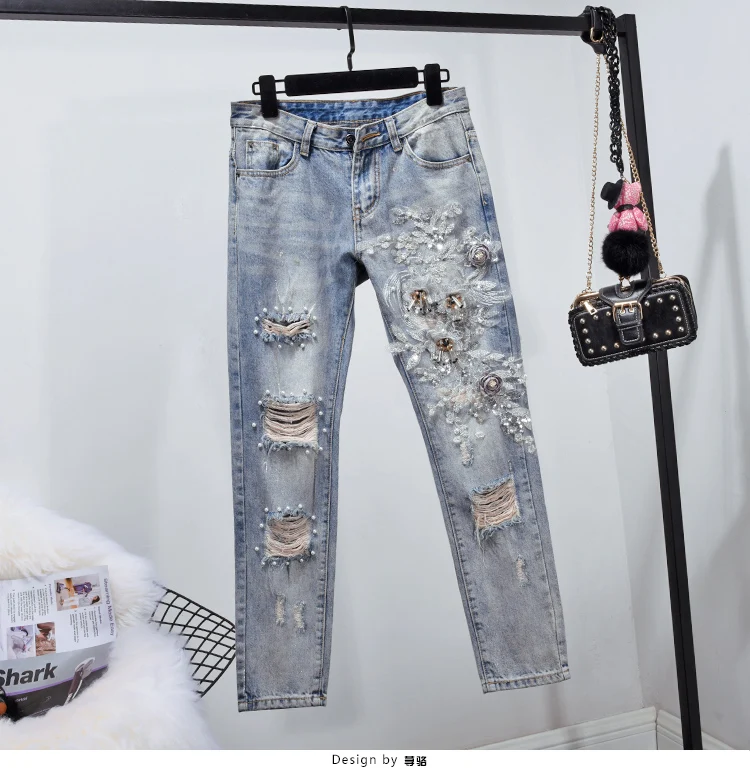 Женский джинсовый костюм с тяжелой жемчужной вышивкой, джинсовый костюм для девочек, Дамские джинсы с дырками, джинсовые брюки, комплекты из двух предметов, High Street