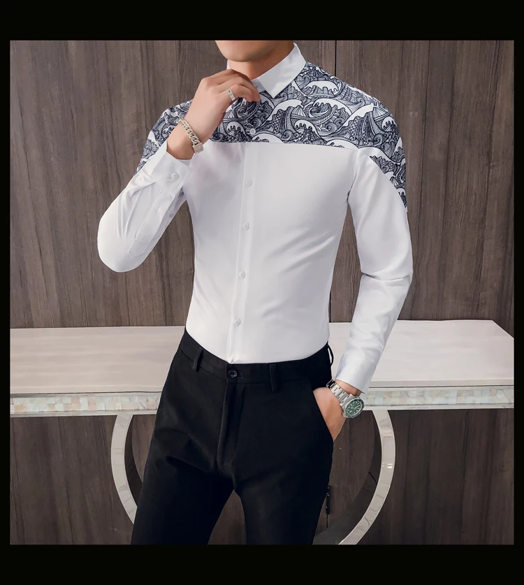 Роскошные линии рисунок сращивания моды печати рубашка для мужчин с длинным рукавом для мужчин клуб Пром рубашка Camisa Masculina Kemeja Pria черный